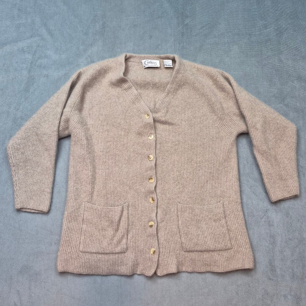 Castlerig Vintage 100% Cashmere Cardigan Sweater Beige 3/4 Sleeve M Preppy Cozy